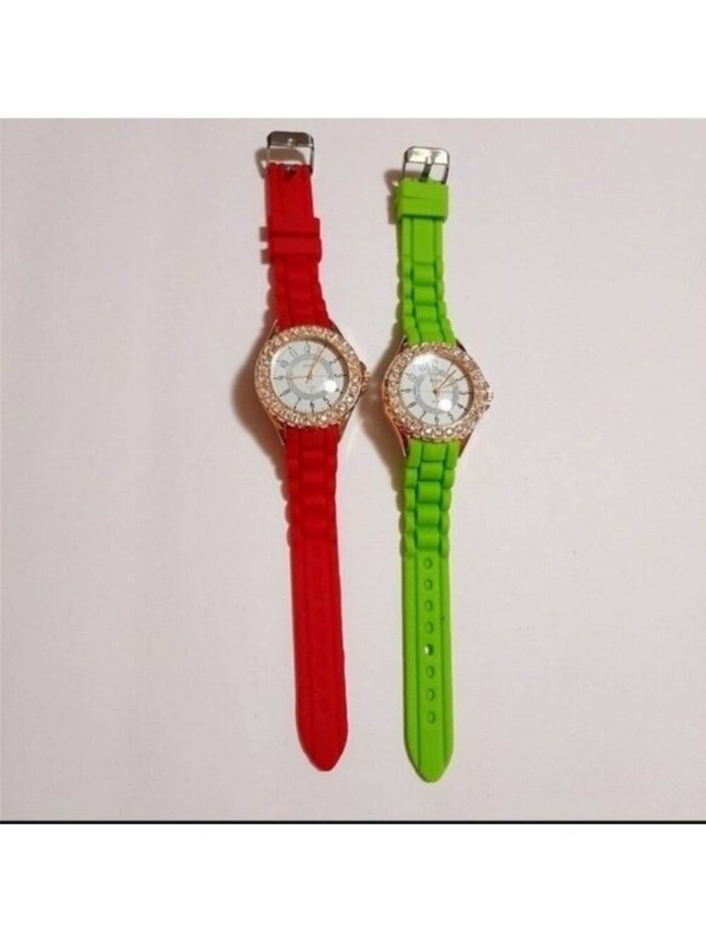 Red & Green Silicone Strap Analog Watches With Rhinestone Bezel For Women-WORKS